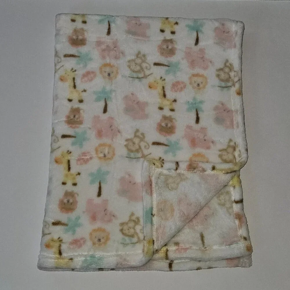 Baby Starters Safari Blanket Lion Giraffe Monkey Pink Elephant Palm Tree 30x36